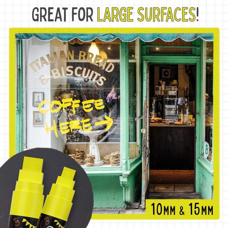 Chalkola 5 Yellow Chalkboard Chalk Markers - Yellow Dry Erase Markers for Blackboard, Chalkboard Signs, Windows, Glass | Variety Pack - Fine & Jumbo Size Ink Pen (1mm, 3mm, 6mm, 10mm, 15mm) - Image 5